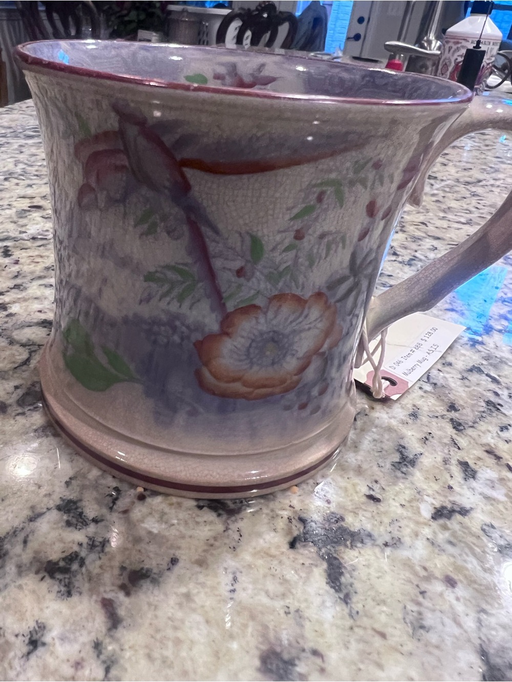 Antique Mulberry Transferware Ironstone Mug Bird Floral Chintz Crazing 19thC